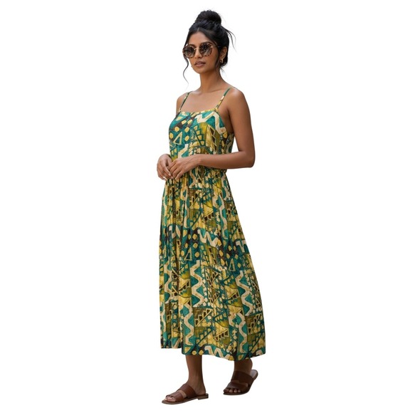 Peruvian Connection Dresses & Skirts - Peruvian Connection Women's Geometric Print Maxi Dress Green Yellow Pockets SZ 8